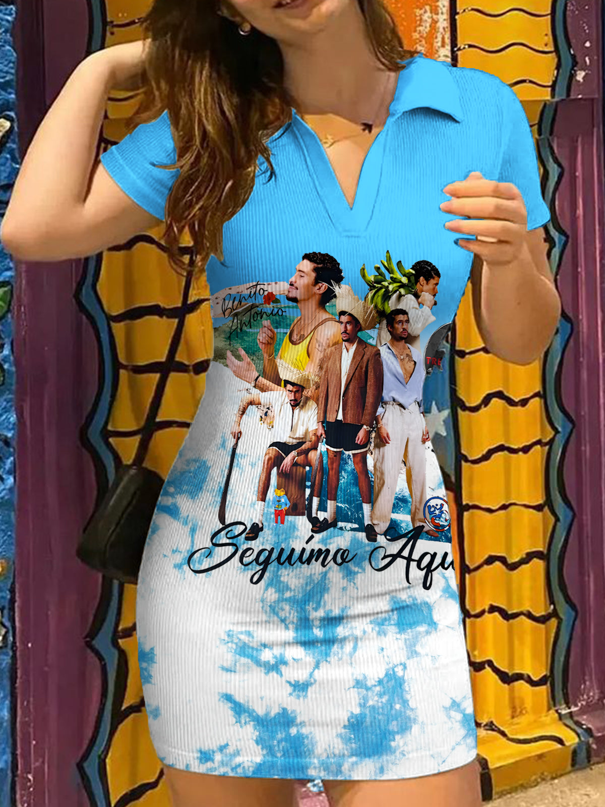 Bad Bunny Print High-Stretch Ribbed Bodycon Mini Blue Dress