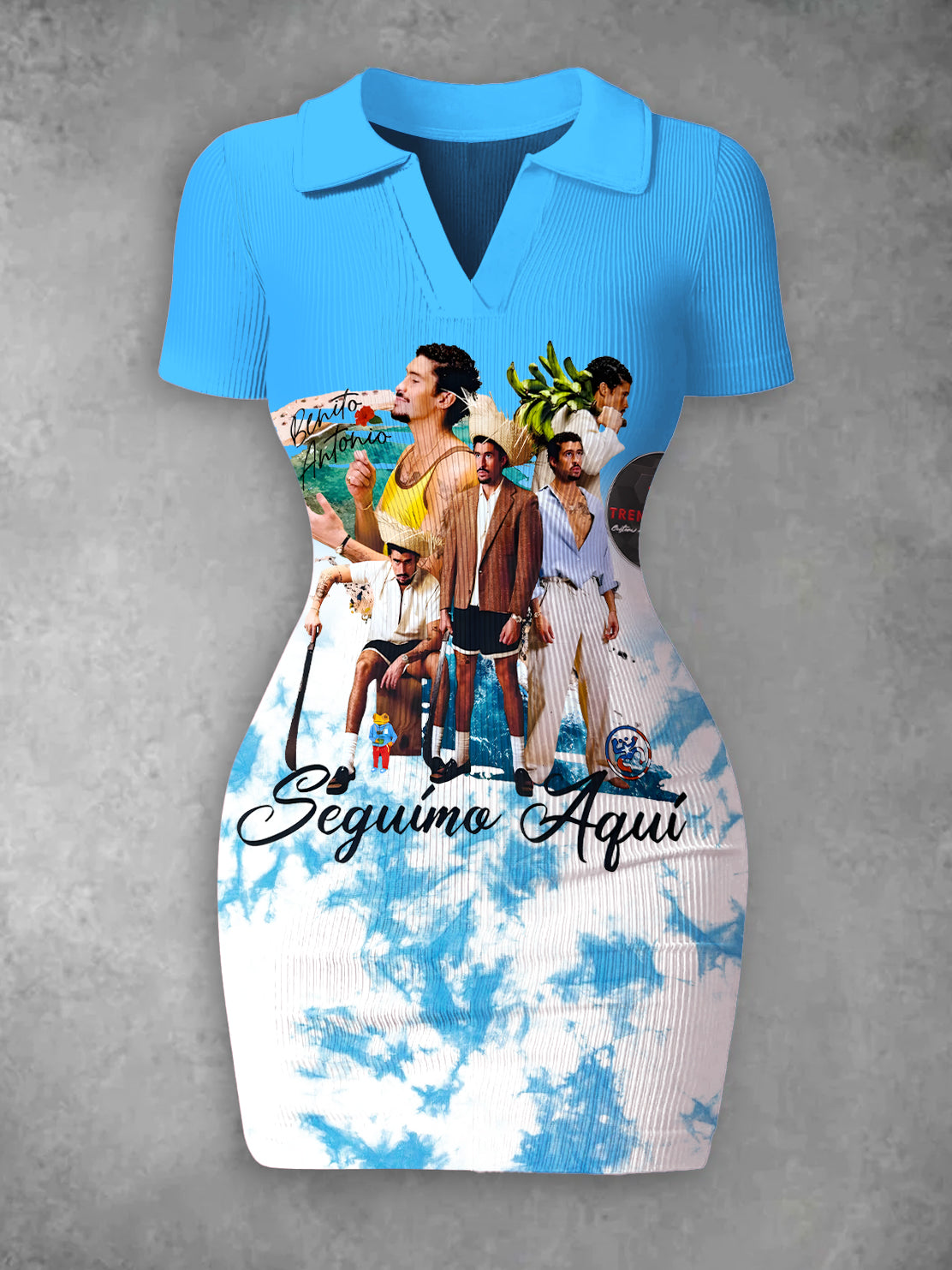 Bad Bunny Print High-Stretch Ribbed Bodycon Mini Blue Dress