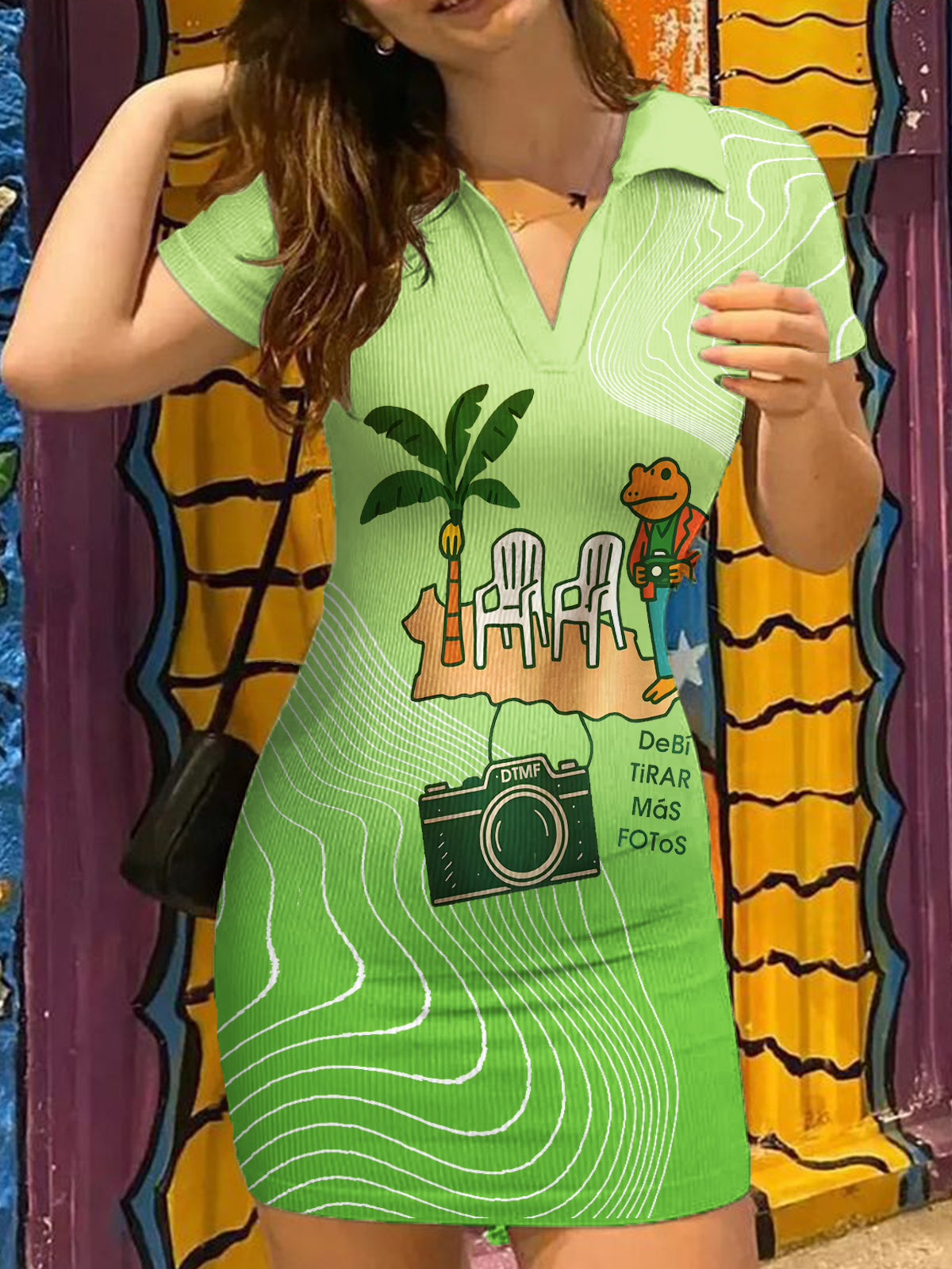 Bad Bunny Print High-Stretch Ribbed Bodycon Mini Green Dress