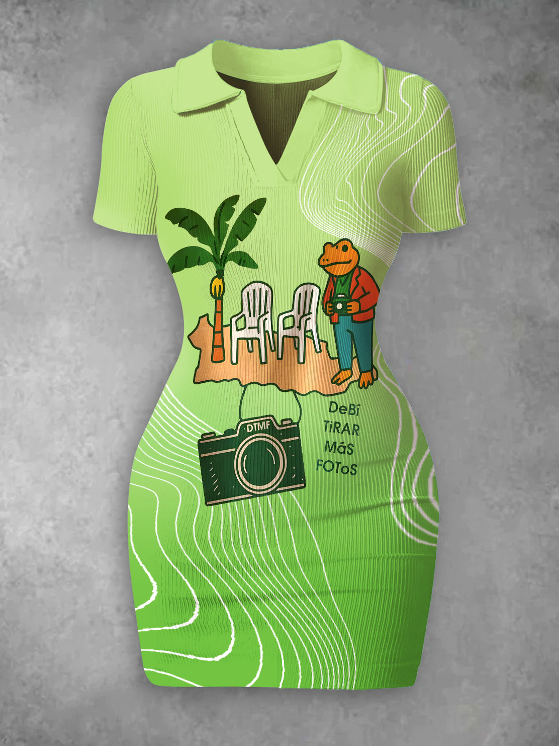 Bad Bunny Print High-Stretch Ribbed Bodycon Mini Green Dress