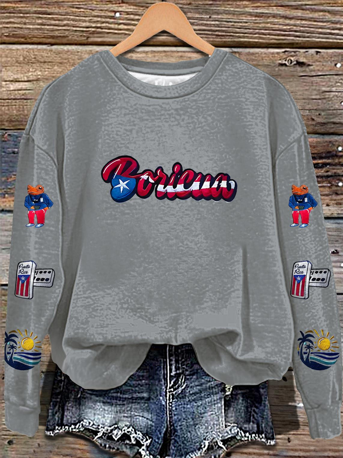 Dtmf Badbunny El Coqui Concho Faux Embroidery Printed Long Sleeve Casual Top