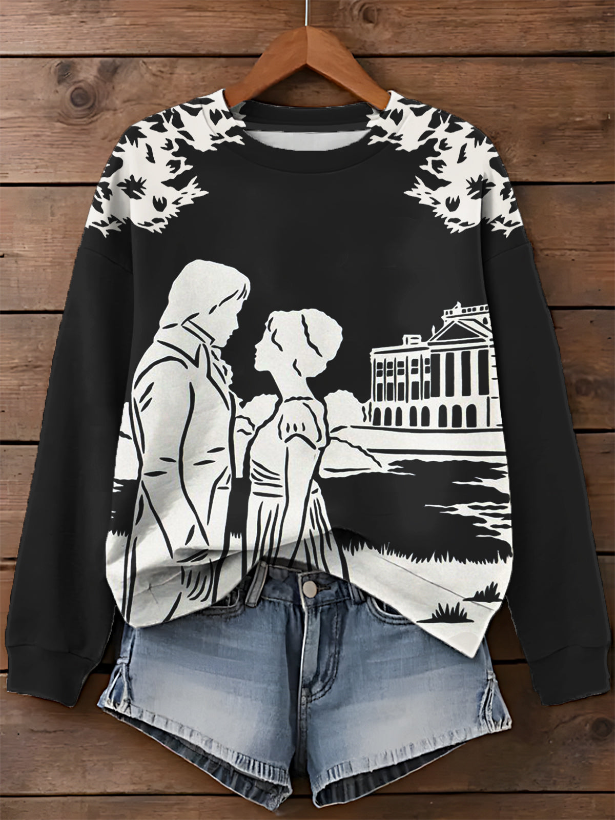 Pride And Prejudice Silhouette Print Long Sleeve Casual Top