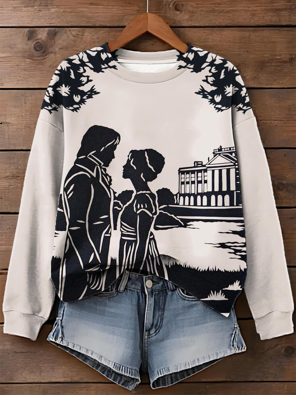 Pride And Prejudice Silhouette Print Long Sleeve Casual Top
