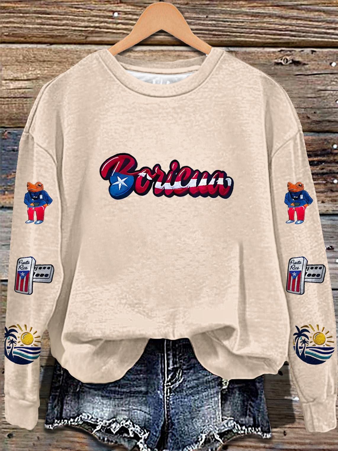 Dtmf Badbunny El Coqui Concho Faux Embroidery Printed Long Sleeve Casual Top